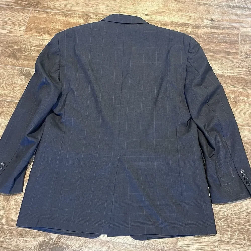 Jos A Bank Blazer Mens 48R Navy Blue Windowpane Wool Sport Coat Jacket Plaid